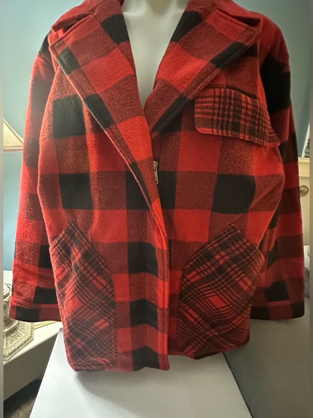 Woolrich Red and Black Buffalo Plaid Wool Pea Coat - Picture 3 of 9